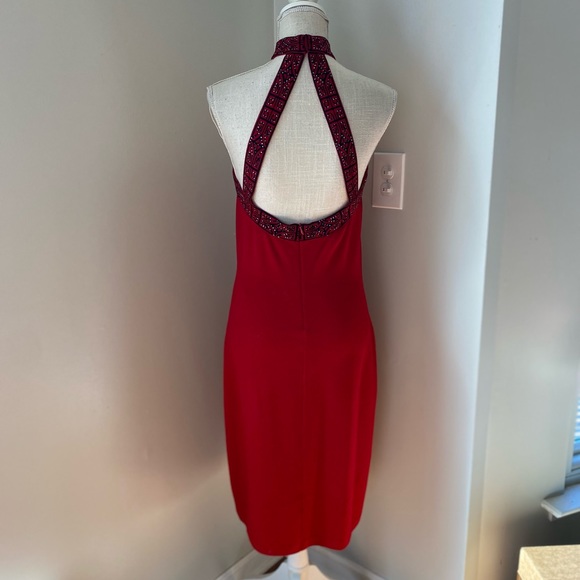 St John Evening by Marie Gray Red Black Halter Knit Dress - Picture 7 of 11